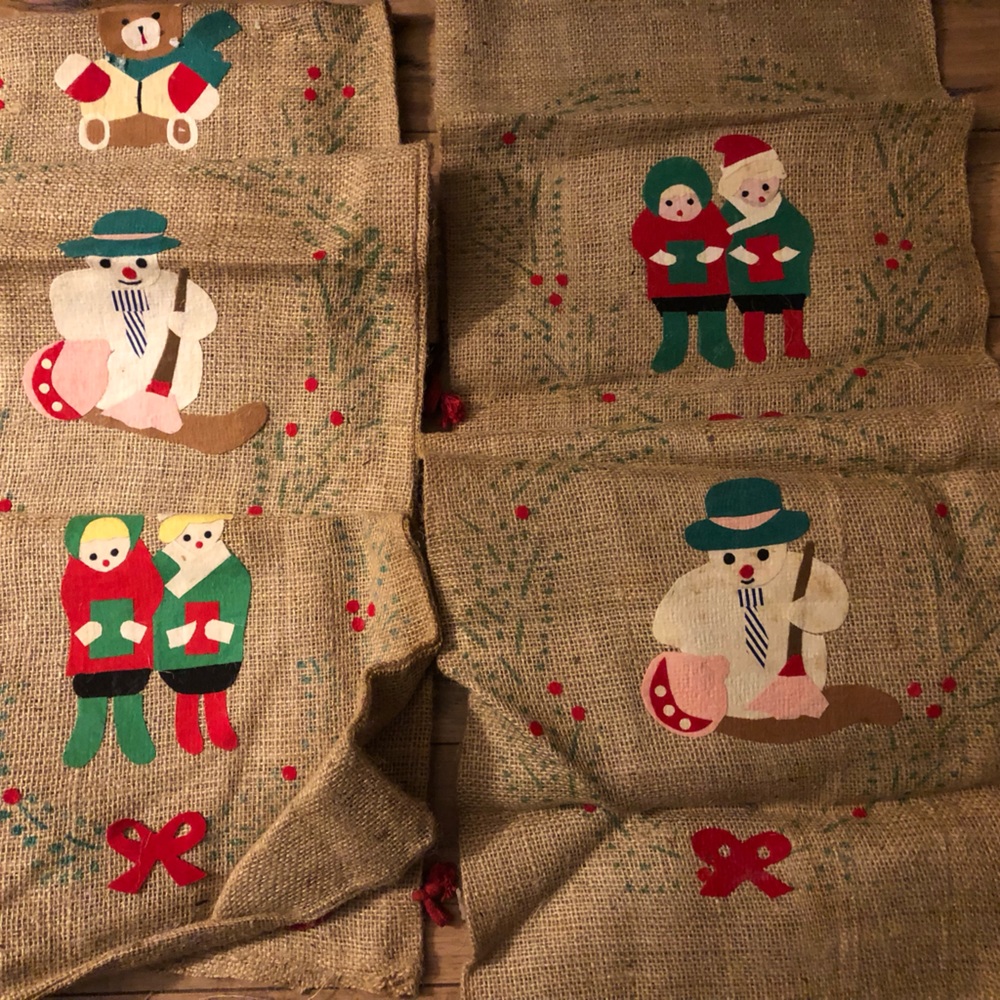 Christmas burlap, handcrafted gift bags.